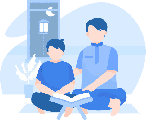 Illustration of a teacher and child student practicing Quran recitation online