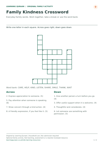First-page preview of Family kindness crossword.