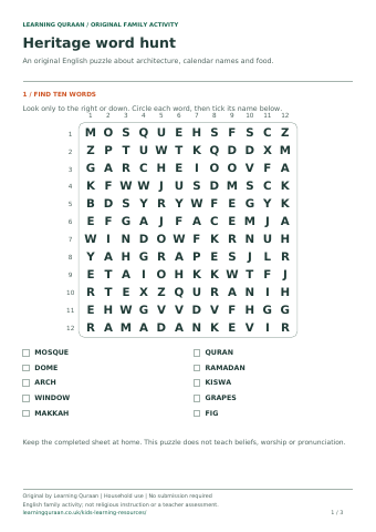 First-page preview of Heritage word hunt.