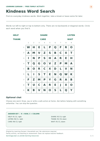 First-page preview of Kindness word search.