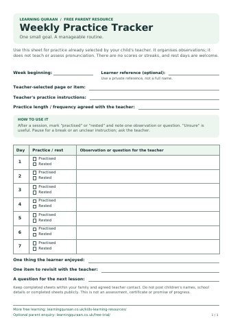 First-page preview of Weekly practice tracker.
