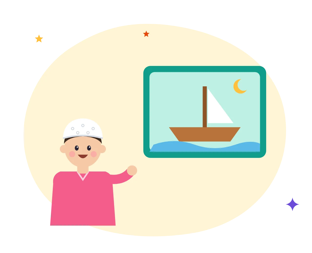 A boy reading a storybook about the Prophets, with a boat on the cover and stars around