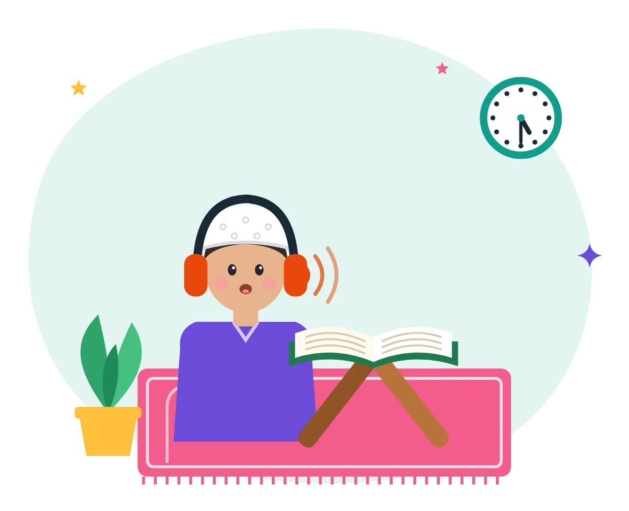 A boy reading the Quran on a rehal at home with headphones and a clock nearby