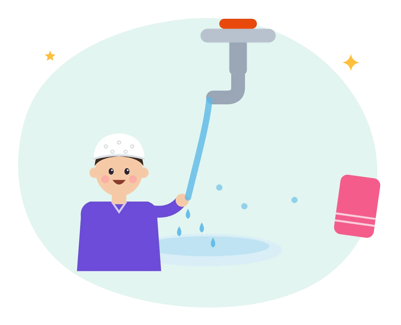 A child washing hands under a running tap for wudu, with water drops and a towel
