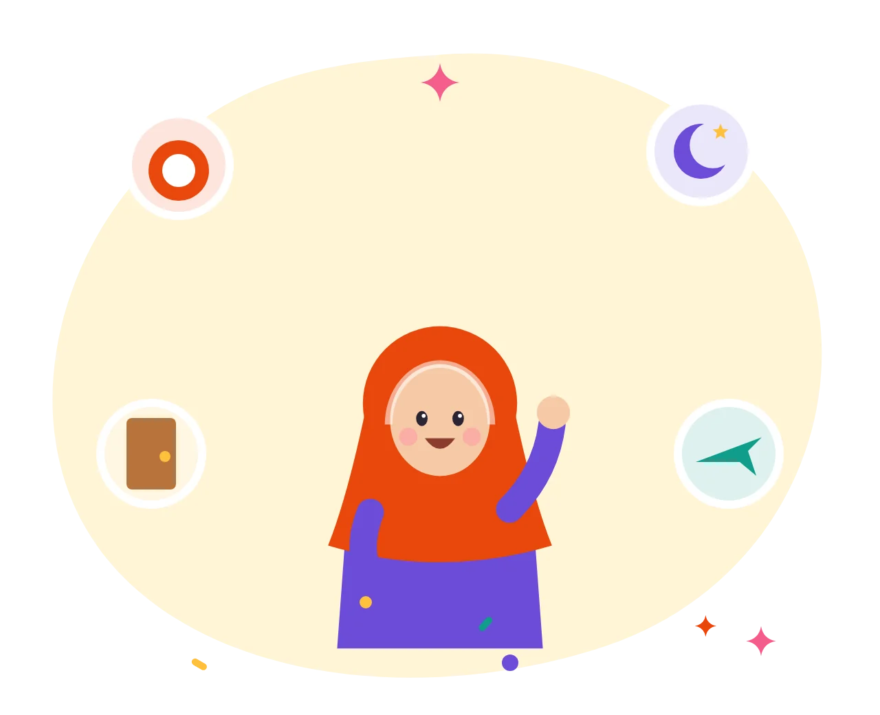 A smiling child surrounded by everyday moments for duas: eating, sleeping, leaving home and travelling