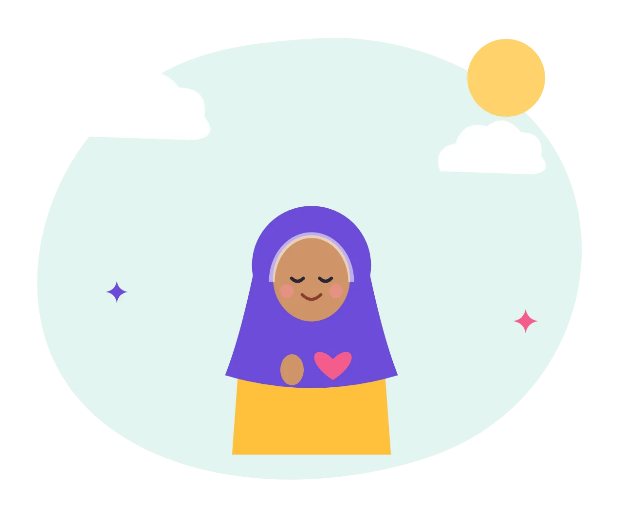 A calm girl with closed eyes resting her hand on her heart, with soft clouds and a gentle sun