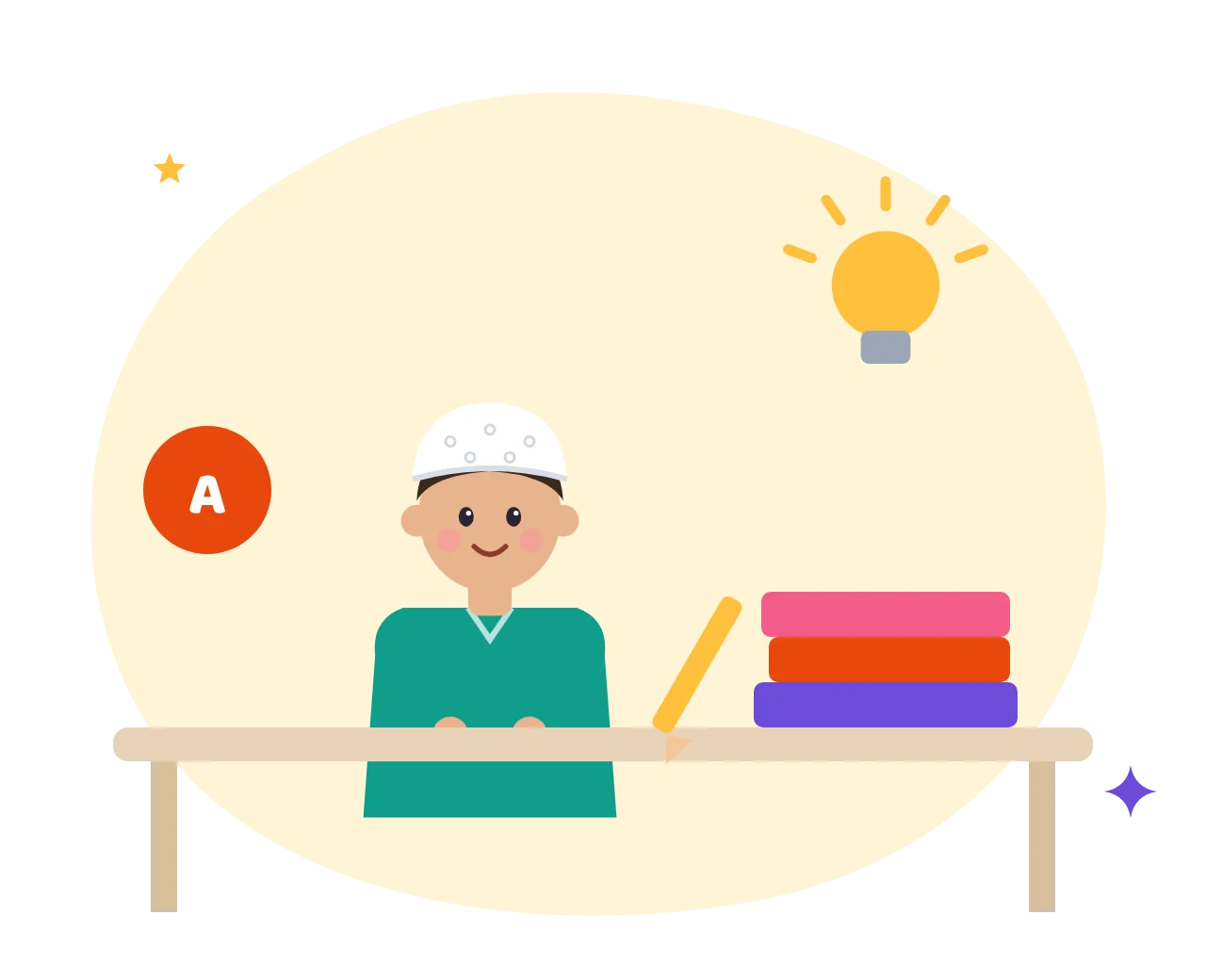 A boy studying at a desk with books, a pencil and a light bulb, ready for exams