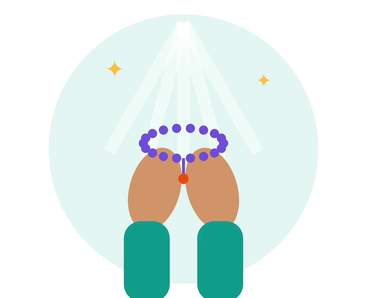 Open hands raised in dua with prayer beads and soft light shining from above