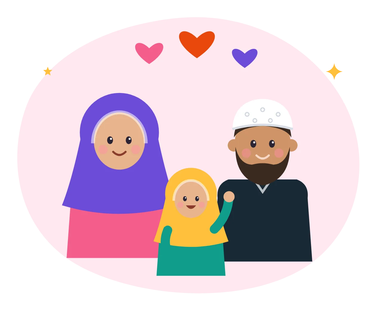 A mother, father and child standing together with hearts above them