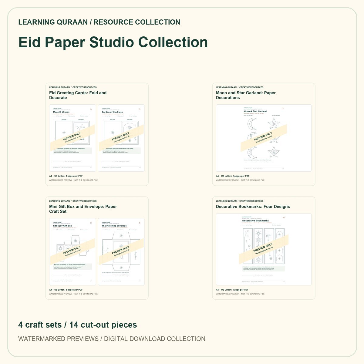 Watermarked overview of the Eid Paper Studio Collection: 4 craft sets / 14 cut-out pieces.