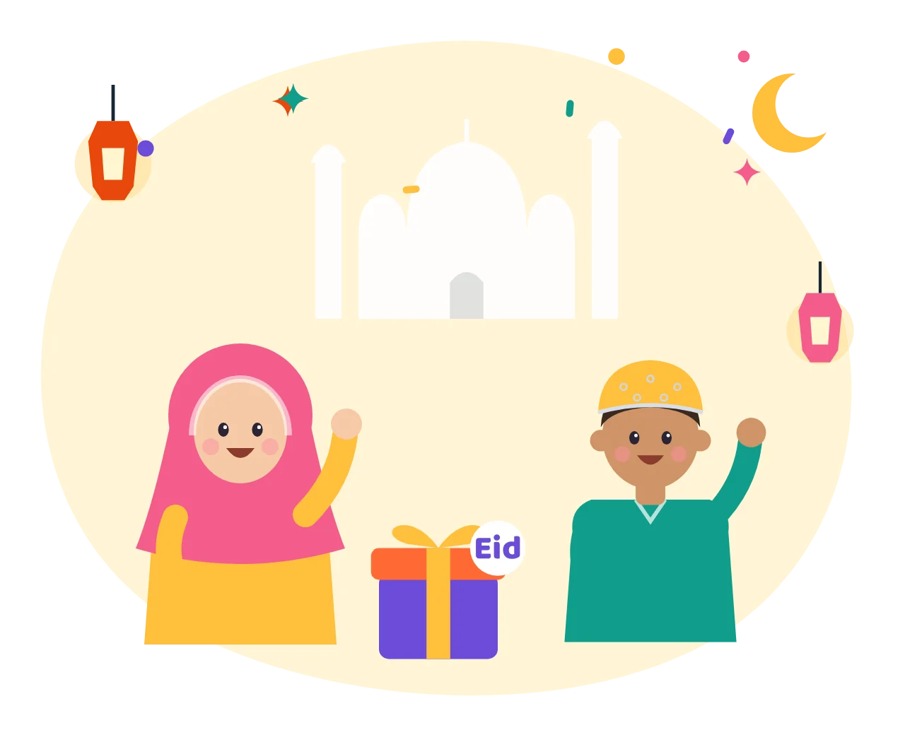 Two children celebrating Eid with lanterns, a crescent moon, a gift and a mosque