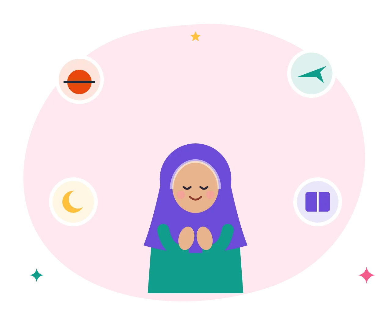 A girl making dua surrounded by icons for everyday moments: food, travel, sleep and study