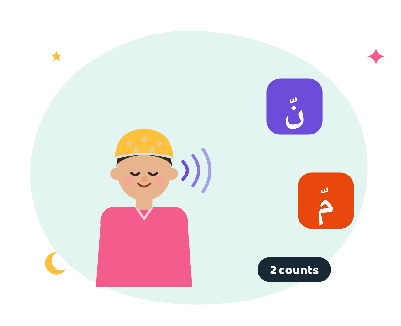 A boy humming a nasal ghunnah sound with sound waves coming from his nose, beside noon and meem with shaddah
