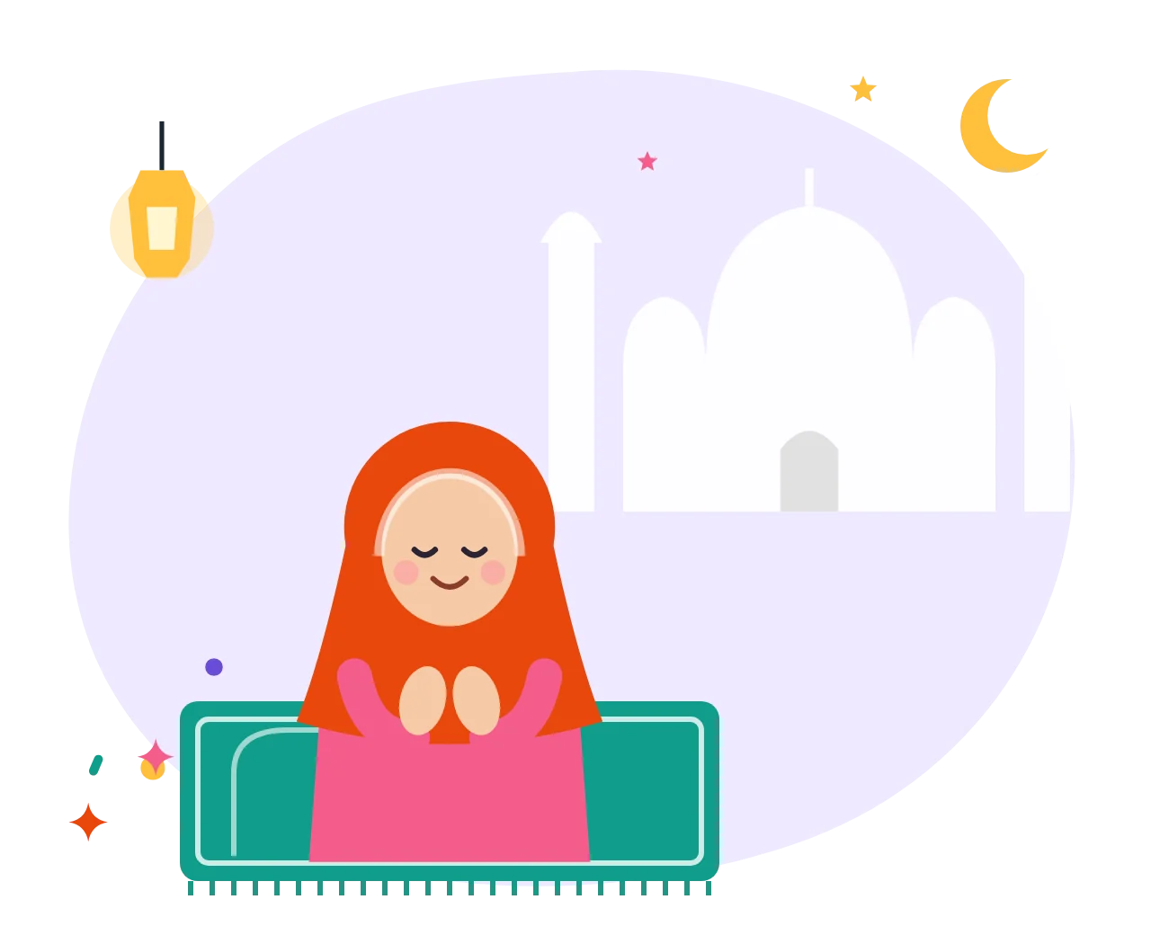 A girl making dua on a prayer mat with a mosque, crescent moon and stars behind her
