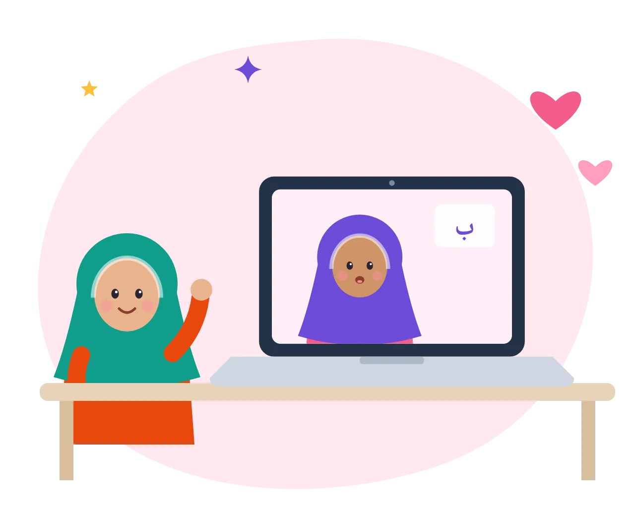 A girl in hijab waving to her female Quran teacher on a laptop screen