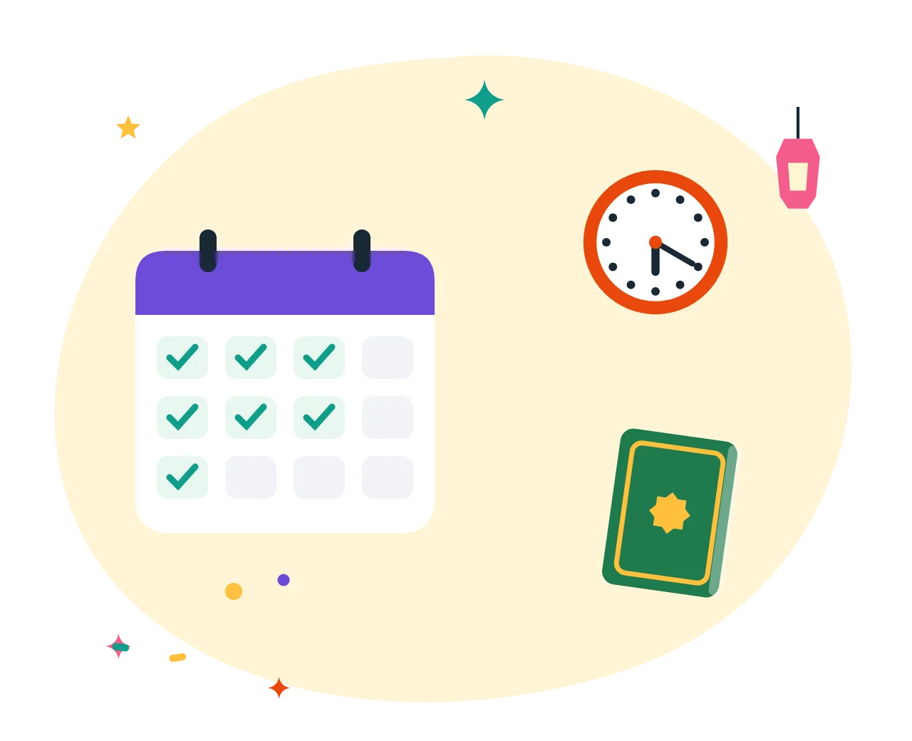 A daily Hifz routine: calendar with ticks, a clock and a closed Quran