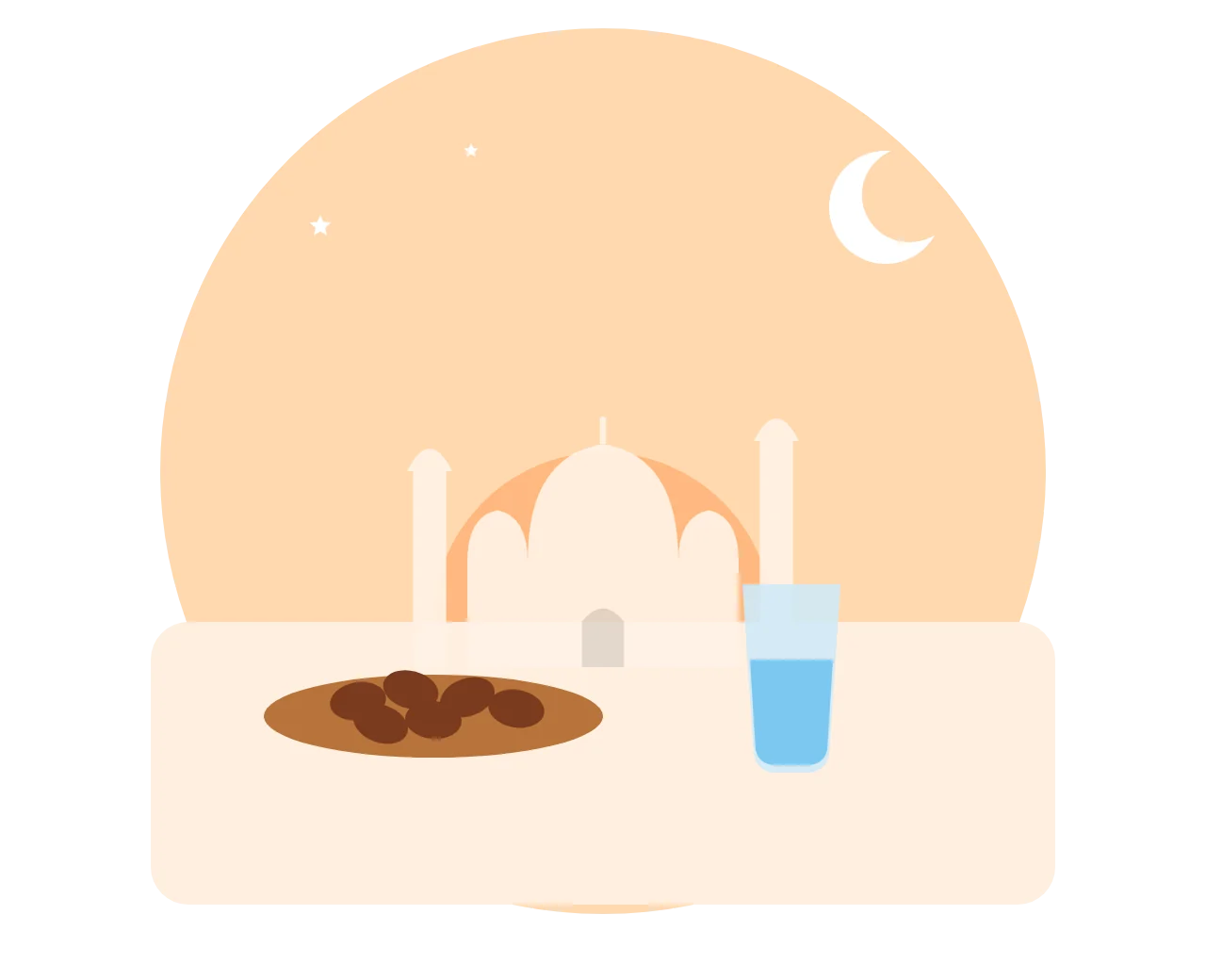 An iftar table at sunset with a bowl of dates, a glass of water and a crescent moon