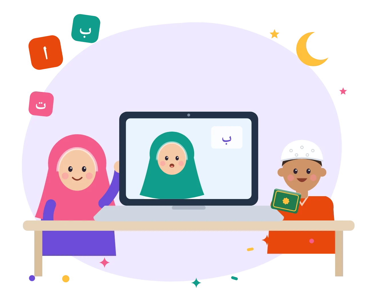 Two children learning the Quran online with a female teacher on a laptop