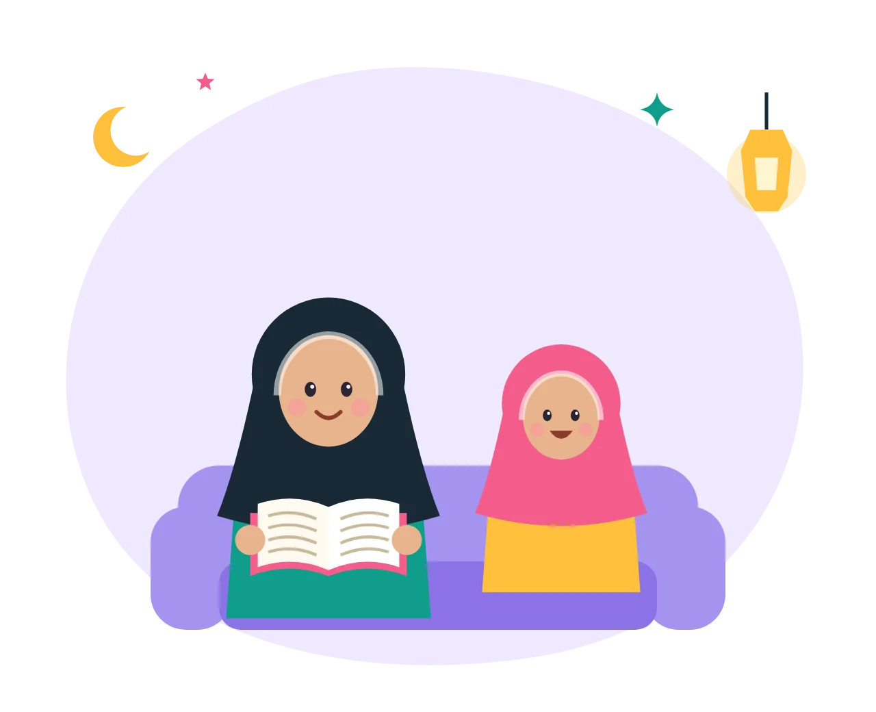 A mother and daughter reading the Quran together on a sofa