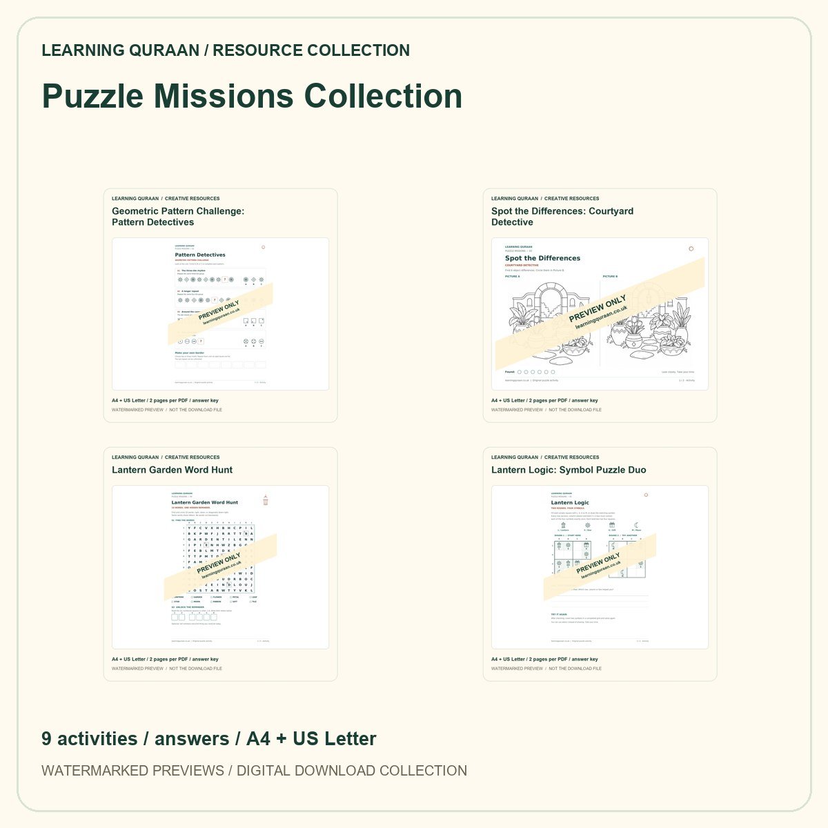 Watermarked overview of the Puzzle Missions Collection: 9 activities / answers / A4 + US Letter.