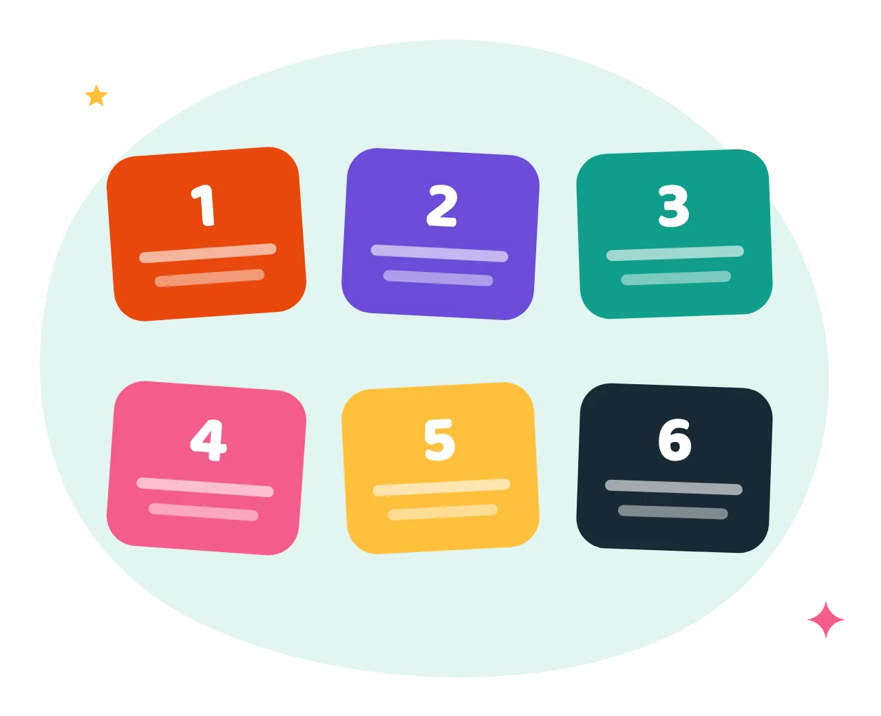 Six colourful numbered cards for the Six Kalimas