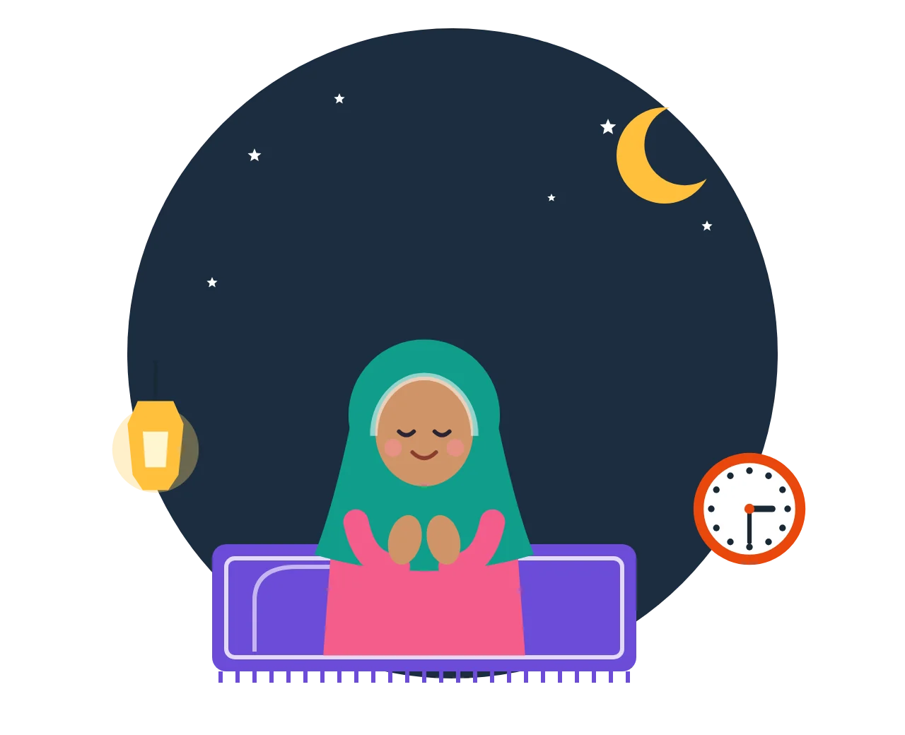 A girl praying tahajjud on a prayer mat at night under a crescent moon, with a clock showing the last third of the night