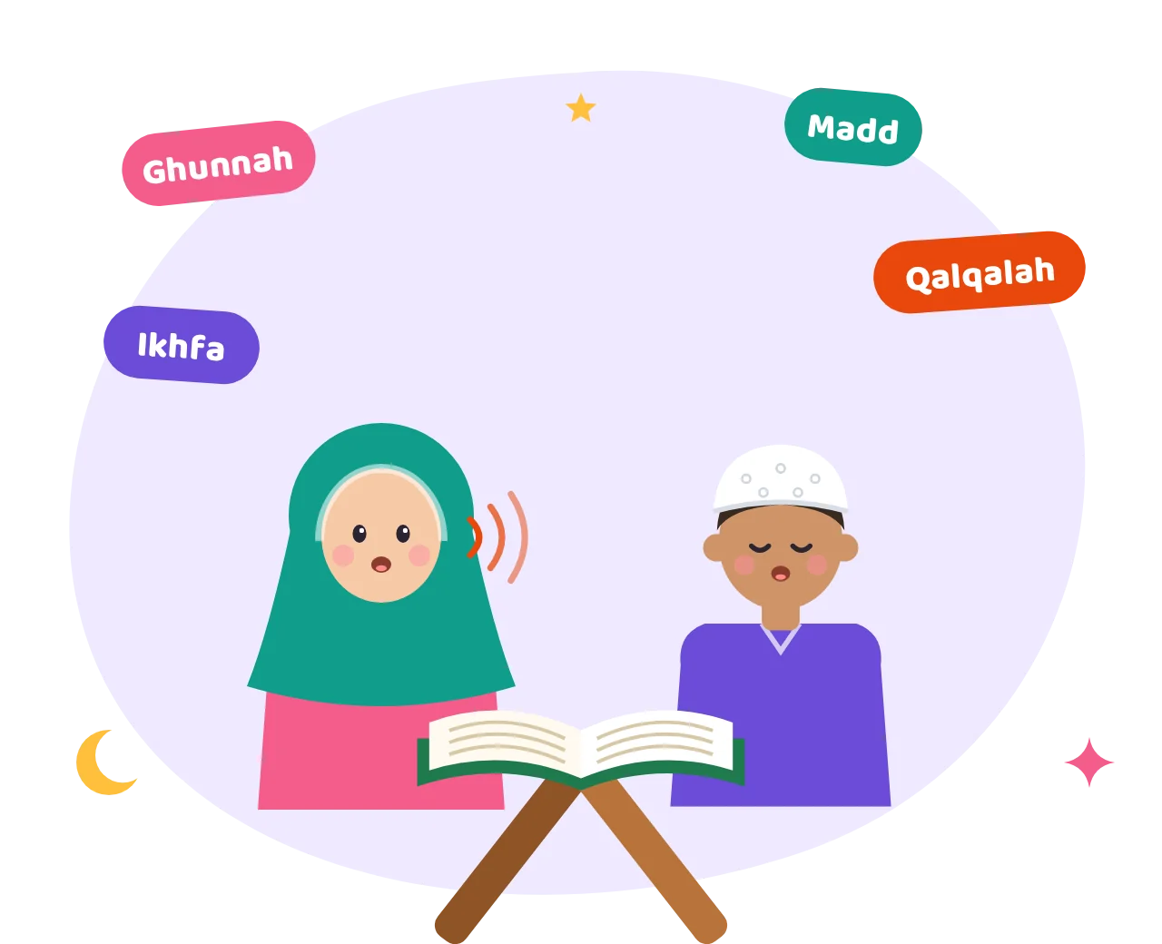 Two children reading the Quran on a rehal with Tajweed rule labels floating around them
