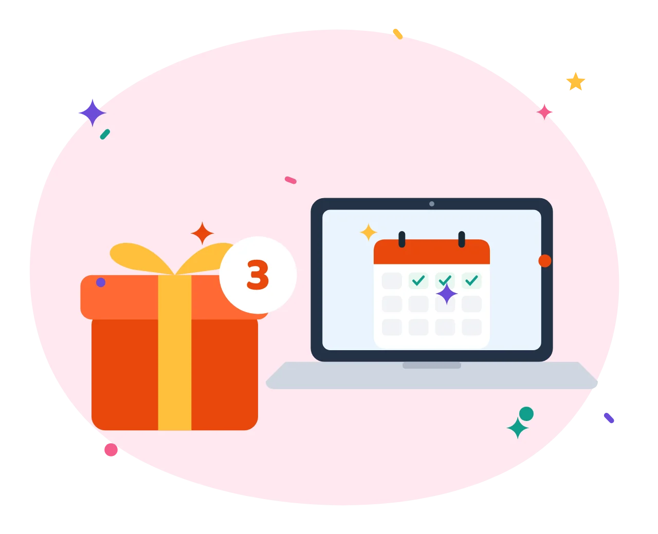 A gift box with three free trial classes next to a laptop and calendar
