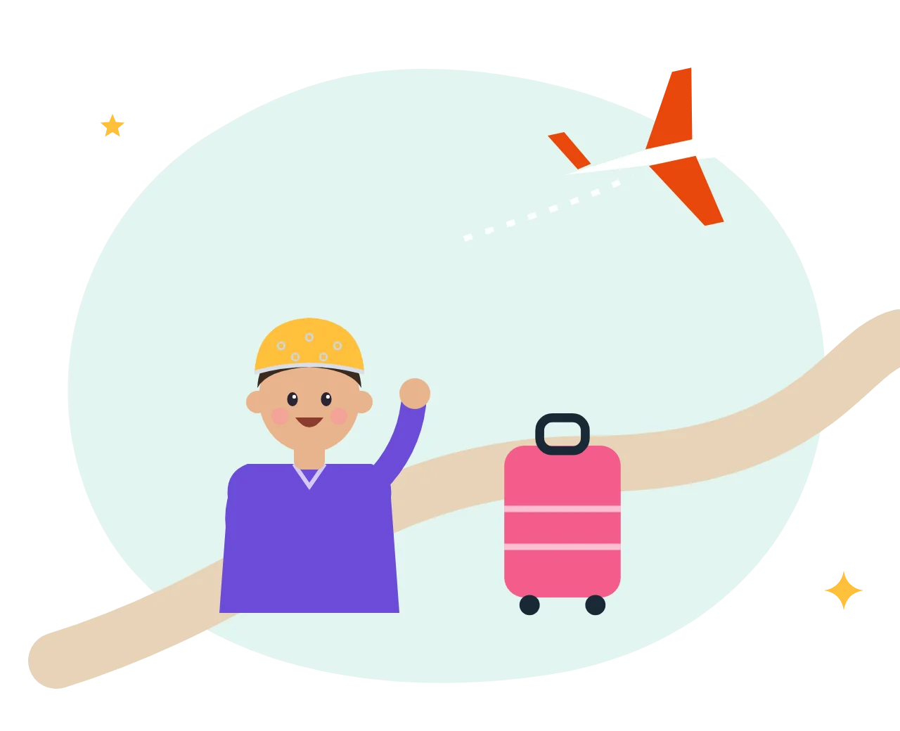 A boy waving beside a suitcase with an aeroplane flying above a winding road