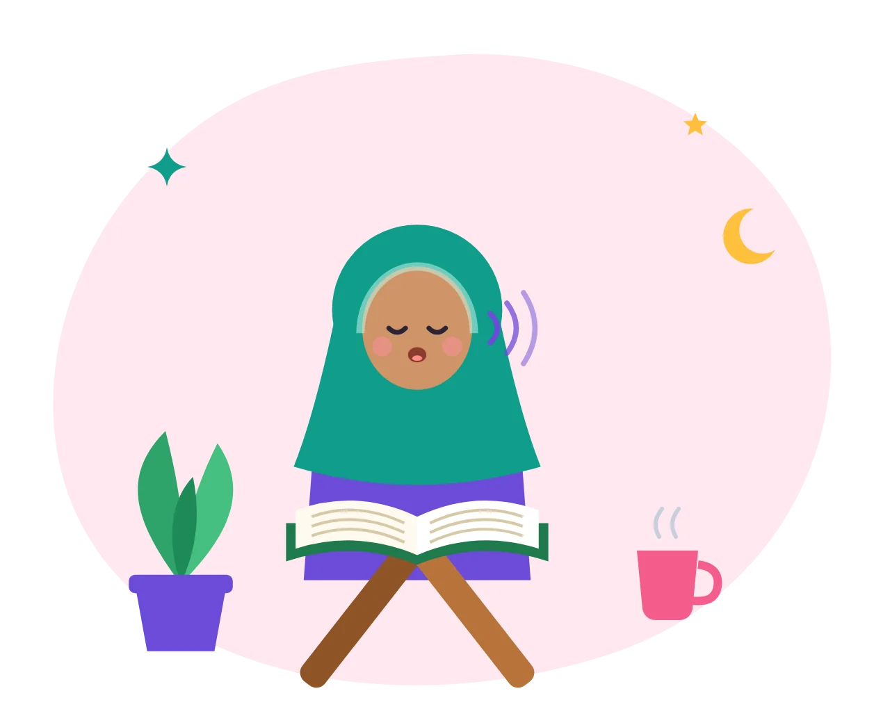 A woman reading the Quran on a wooden rehal with a cup of tea and a plant