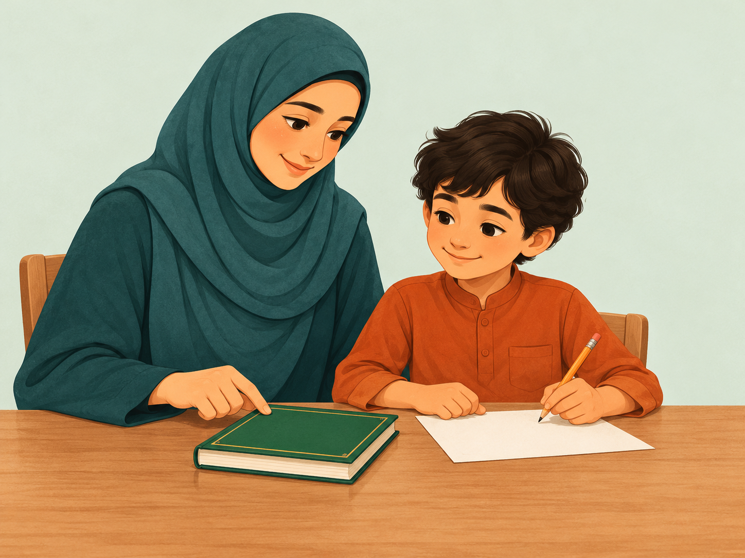 Cartoon illustration of a mother supporting her child during a home learning session.