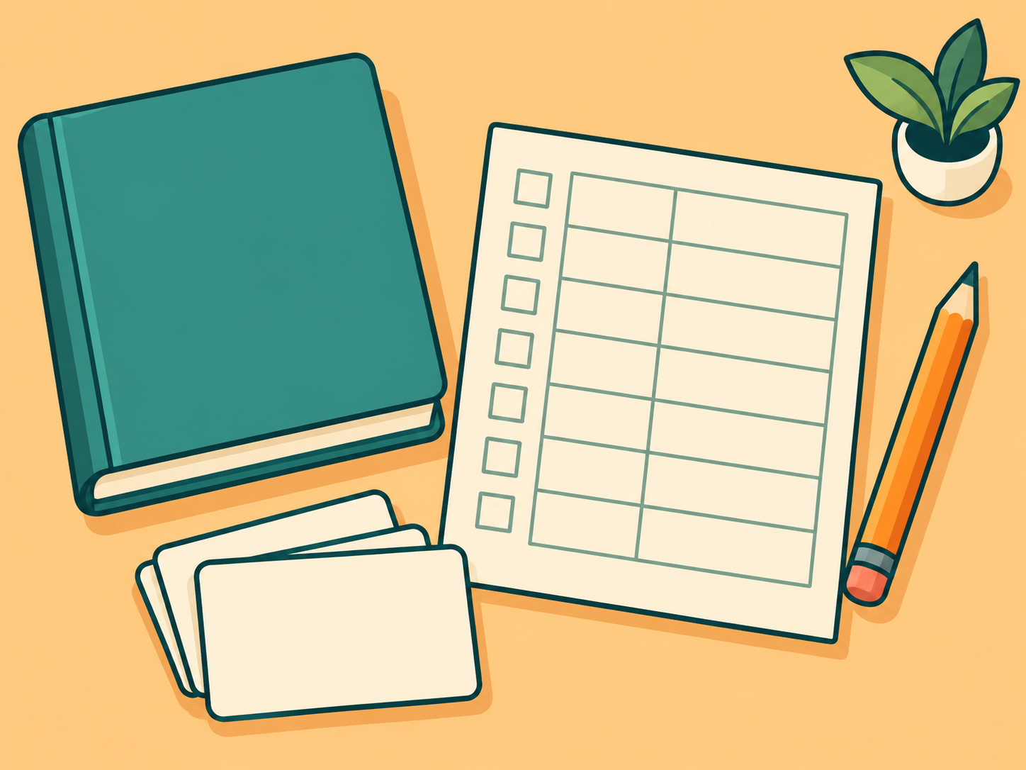 Cartoon of a closed book, blank practice grid, cards and pencil.